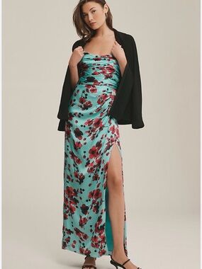 Hutch Aqua Floral Satin Cowl Maxi Dress with Red/pink Accents Size 4